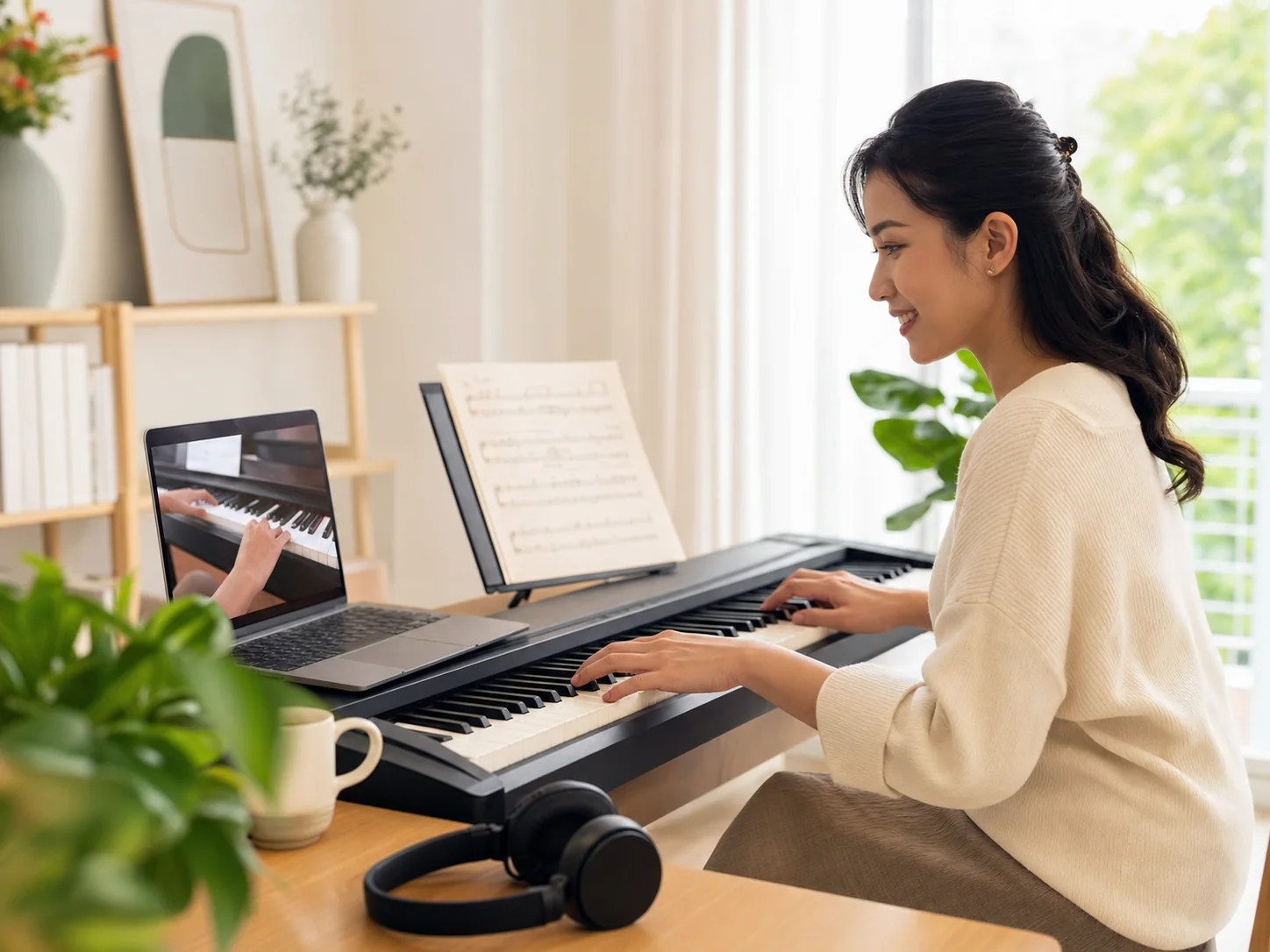 Học viên luyện piano theo bài học trực tuyến